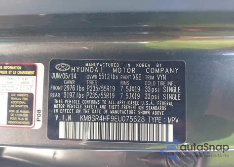 2014 Hyundai Santa Fe Gls from USA, damaged, VIN KM8SR4HF9EU075628